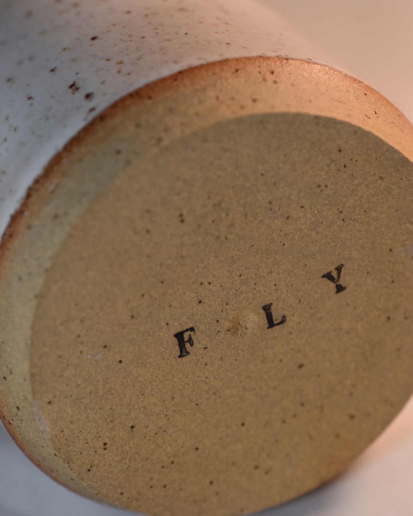 Close-up of a ceramic vase with 'F L Y' text on a beige background